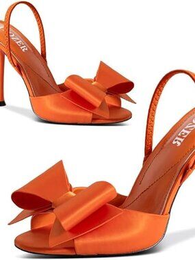 Women's Orange Comfortable Open Toe Mules Bow Stiletto Sexy Slingback High Heels